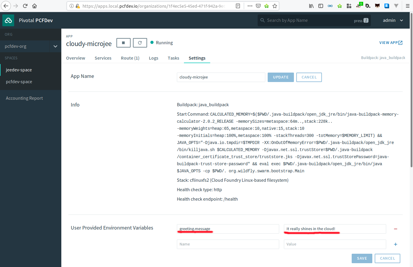 Adding a user provided variable in Pivotal Cloud Foundry Application Manager